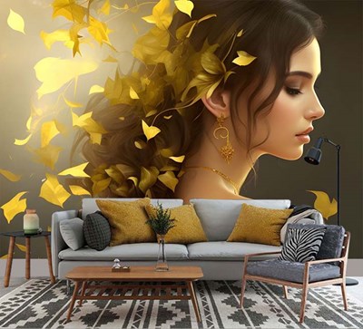 Saçlarında Altın Yapraklı Bayan Kuaför Duvar Kağıdı 3D