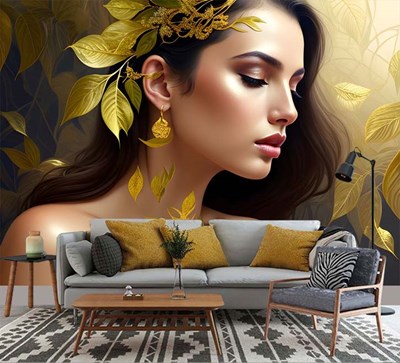 Altın Renkli Motifli Yapraklar ve Kadın Duvar Kağıdı 3D