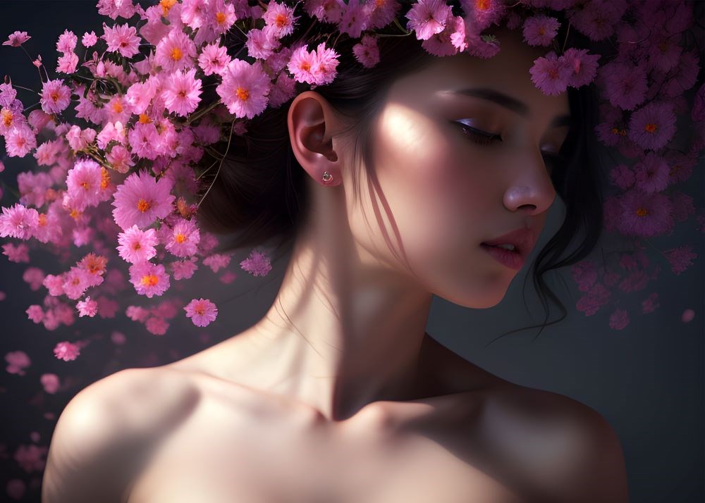 Mor Kır Çiçekleri Saçlı Kız Duvar Kağıdı 3D