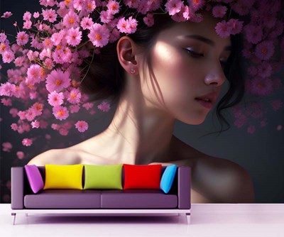 Mor Kır Çiçekleri Saçlı Kız Duvar Kağıdı 3D