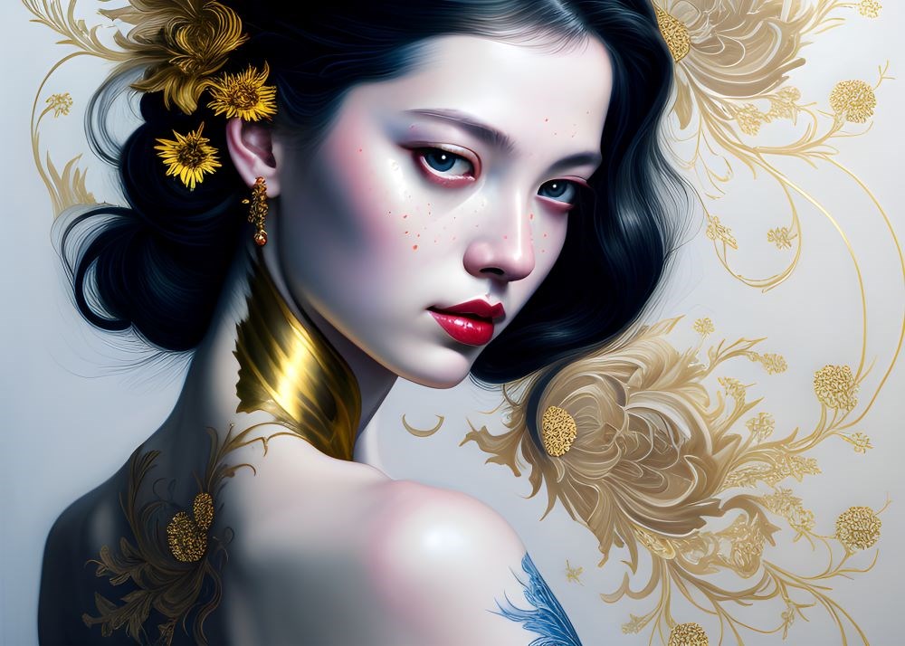 Altın Motifler Arasında Güzel Kız Temalı 3D Duvar Kağıdı