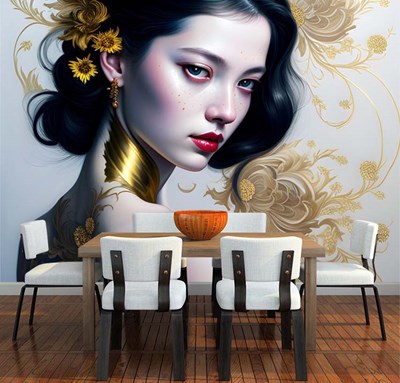 Altın Motifler Arasında Güzel Kız Temalı 3D Duvar Kağıdı