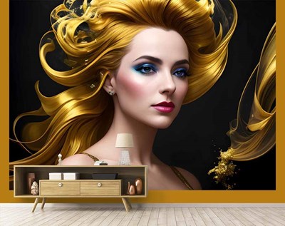 Gold Sapsarı Dalgalı Saçlı Kız Bayan Kuaförü Duvar Kağıdı 3D