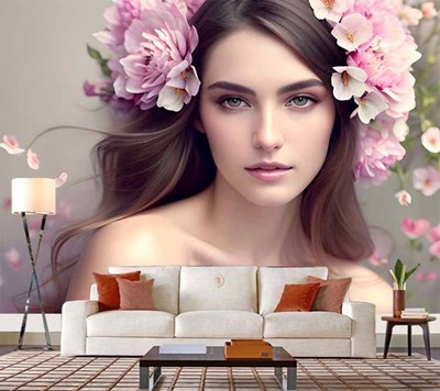 Pembe Kır Çiçekleri Saçlarında Güzel Kız Duvar Kağıdı 3D 