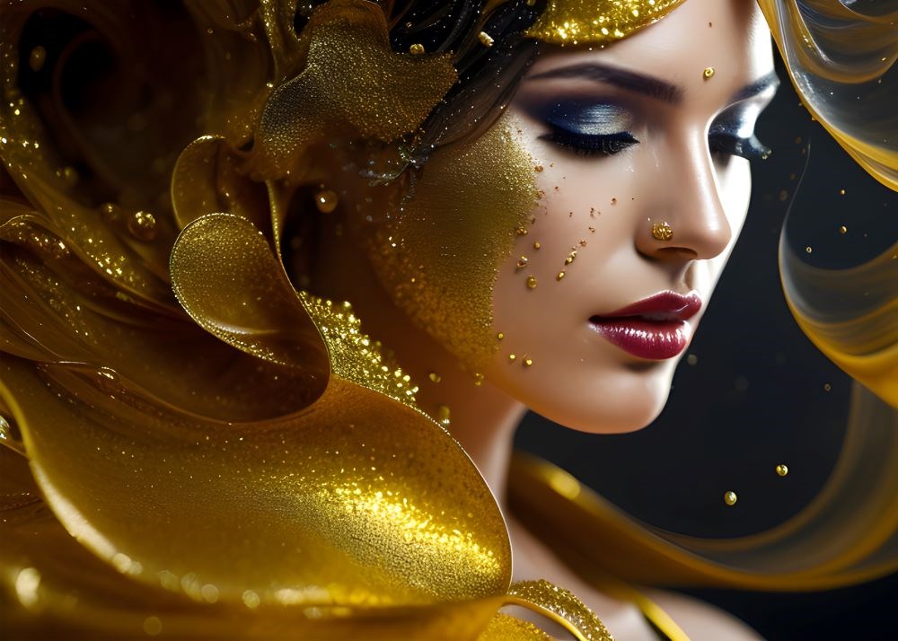 Yüzü Altın Tozu Simli Kadın 3D Duvar Kağıdı 