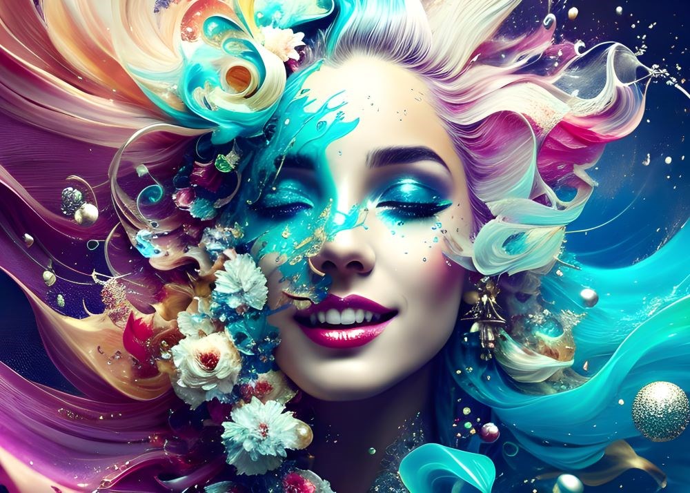 Renkli ve Çiçek Saçlı Kadın Portresi 3D Duvar Kağıdı 