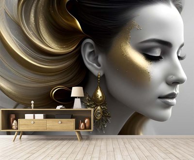 Altın Mücevherli Kadın Portresi 3D Duvar Kağıdı 