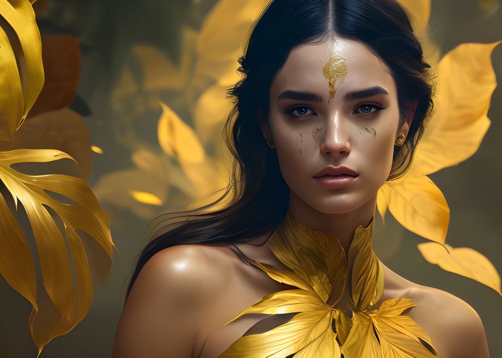 Altın Yaprak Elbiseli Kız 3D Duvar Kağıdı 