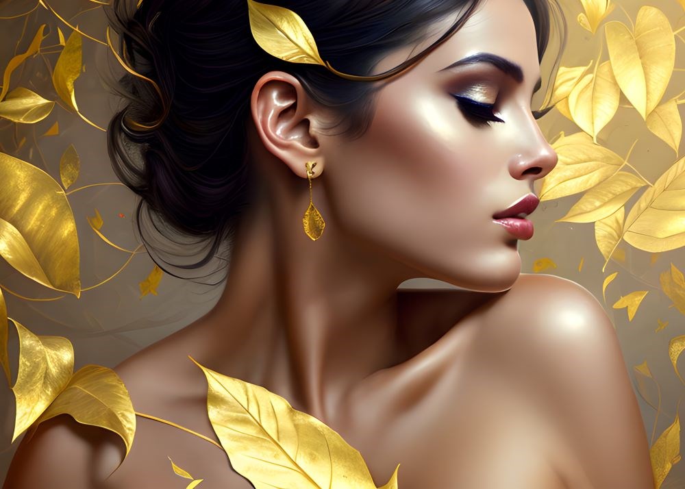 Altın Yapraklar İçinde Kadın Yüzü Figürlü Duvar Kağıdı