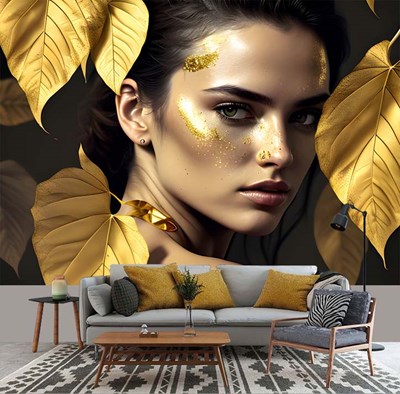 Altın Yaprak Tokalı Kız Duvar Kağıdı 3D