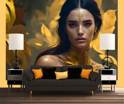 Altın Yaprak Elbiseli Kız 3D Duvar Kağıdı 