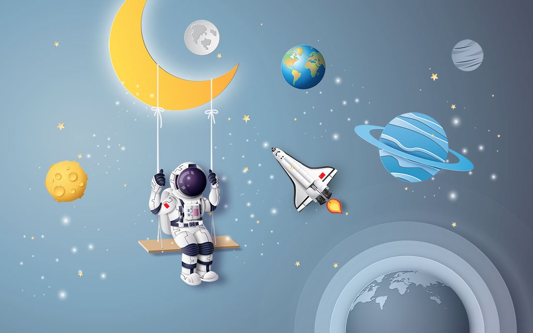 Astronot Ve Uzay Temalı Çocuk Odası Duvar Kağıdı Modeli