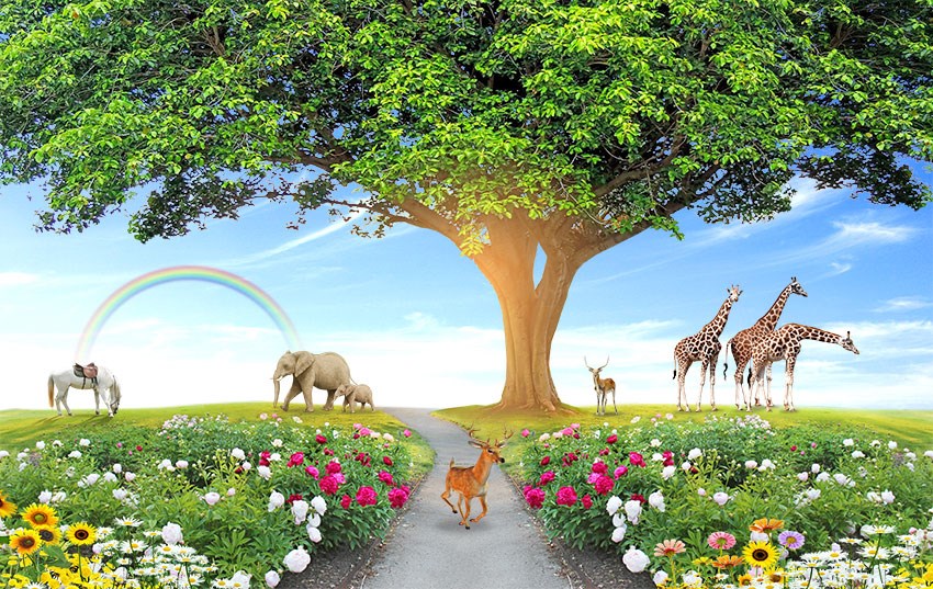 Çınar Ağacı Altında Hayvanlar Duvar Kağıdı Modeli