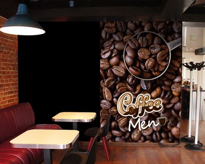 Cafe Men Yazılı Kahve Çekirdek REsimli Duvar Kağıdı Modeli
