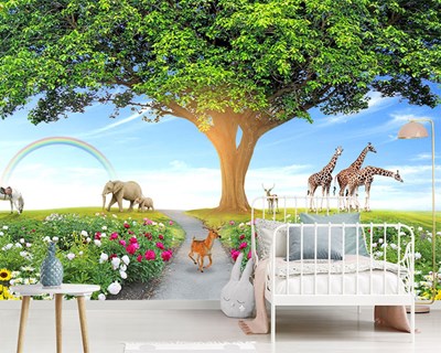 Çınar Ağacı Altında Hayvanlar Duvar Kağıdı Modeli