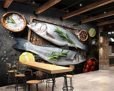 Levrek Resimli Balık Restoran Duvar Kağıdı Modeli