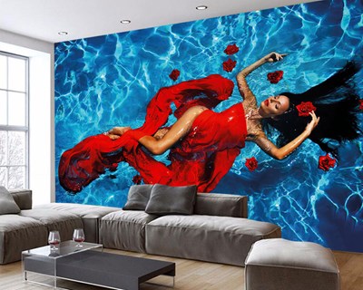 Havuzda Kırmızı Elbiseli Kadın Duvar Kağıdı Modeli