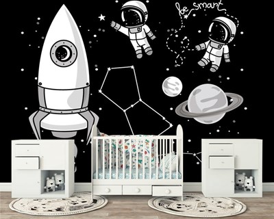 Siyah Zeminde Uzay Gemisi ve Çocuk Astronotlar Duvar Kağıdı Modeli