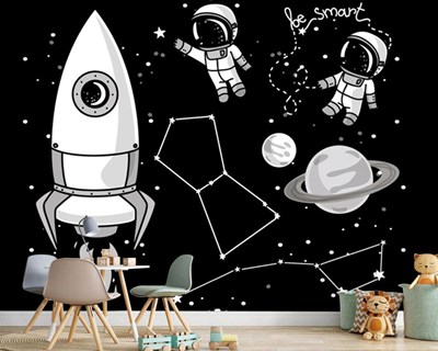 Siyah Zeminde Uzay Gemisi ve Çocuk Astronotlar Duvar Kağıdı Modeli