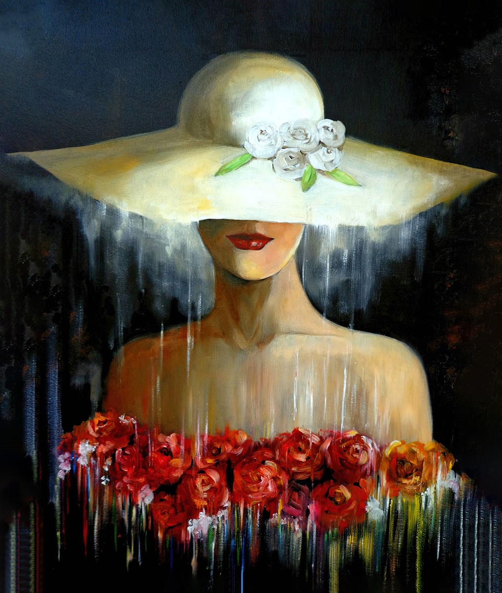Gül Elbiseli Beyaz Şapkalı Kadın Tablosu Duvar Kağıdı Modeli