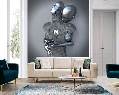 Kadın ve Erkek Gümüş Metal Duvar Heykeli 3D Duvar Kağıdı Modeli
